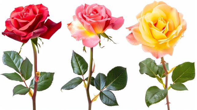 A set featuring different colored roses red, pink, yellow, each bloom meticulously cut out to showcase its intricate petals and lush beauty, isolated white background