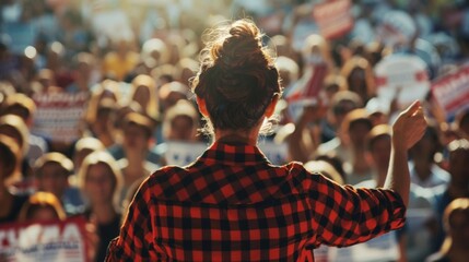 Against a backdrop of cheering supporters and a sea of campaign signs a confident public speaker passionately rallies a crowd at a political rally. Their commanding presence and powerful .