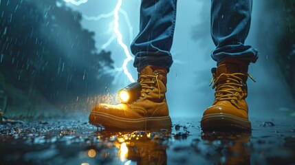 Safety and preparation: A photo of a person holding a flashlight and wearing sturdy shoes - obrazy, fototapety, plakaty