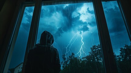 Safety and preparation: A photo of a person closing windows and securing doors before a thunderstorm - obrazy, fototapety, plakaty