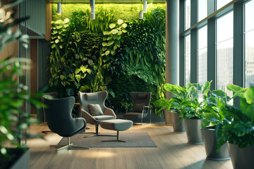 Observe sustainability experts in a green-themed office, discussing eco-friendly initiatives and green business practices.