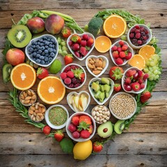 fruits and vegetables on table.a selection of healthy foods arranged in the shape of a heart, symbolizing the importance of heart and cholesterol diet concepts. The foods, presented on vintage wooden 