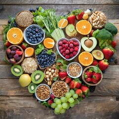 a selection of healthy foods arranged in the shape of a heart, symbolizing the importance of heart and cholesterol diet concepts. The foods, presented on vintage wooden boards, include colorful fruits