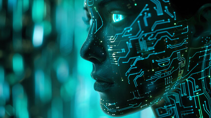 Close up of an AI face illuminated by blue light  set against a background of green circuit lines  depicting a futuristic tech vision