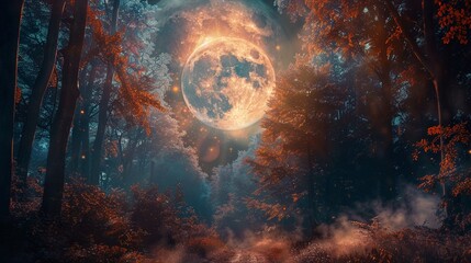 Fairy tale scene of a brilliant moon casting its glow on a mysterious dark forest  evoking magical and otherworldly feelings - obrazy, fototapety, plakaty