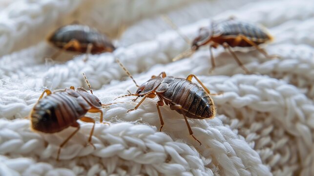 Close up shot of bed bugs crawling on a pristine white cloth  detailed texture  emphasizing the contrast in color and form