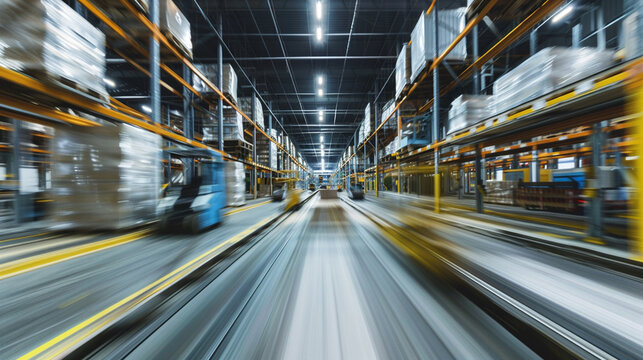 Dynamic long exposure shot of a bustling modern warehouse  capturing motion blur of workers and machinery in action