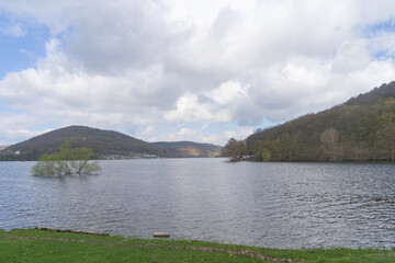 View to the german lake Edersse at the village Rehbach - obrazy, fototapety, plakaty