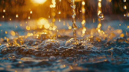 Water Spark: A close-up photo of water droplets cascading down from a fountain - obrazy, fototapety, plakaty
