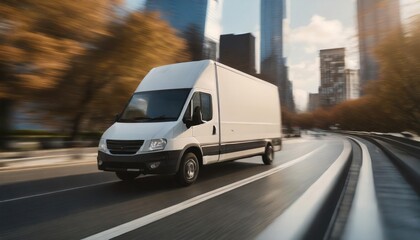 Delivery van in motion. Delivery car in its way. Cargo van driving. Blurred city streets in background