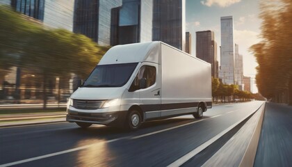 Delivery van in motion. Delivery car in its way. Cargo van driving. Blurred city streets in background