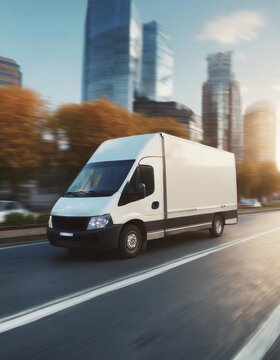 Delivery van in motion. Delivery car in its way. Cargo van driving. Blurred city streets in background