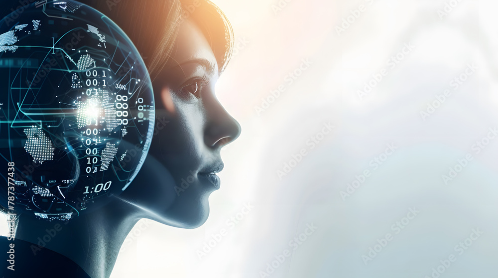 Poster Attractive businesswoman with robot face on white background Digital interface with binary code and head with virtual globe in the foreground Concept of artificial intelligence Copy sp : Generative AI