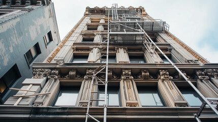 Historical building facade renovation, scaffolding in urban setting