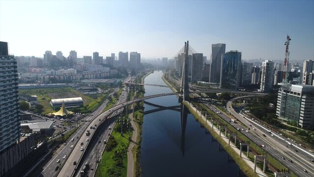 Aerial view of Octavio Frias de Oliveira Bridge - Ponte Estaiada - over Pinheiros River, Sao Paulo, Brazil
This image is perfect for projects related to events, travel and tourism.