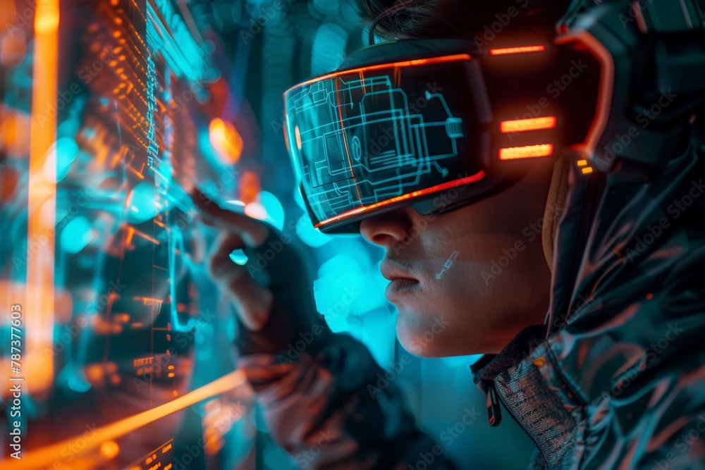 Poster cybersecurity engineer wearing virtual reality goggles, visually navigating through a network's defe