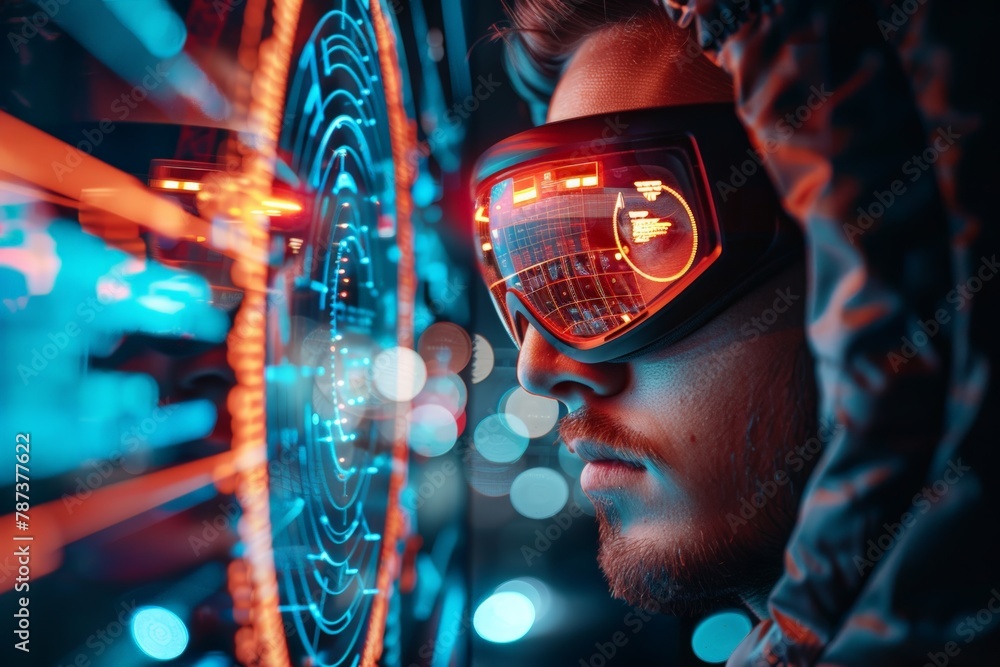 Poster cybersecurity engineer wearing virtual reality goggles, visually navigating through a network's defe