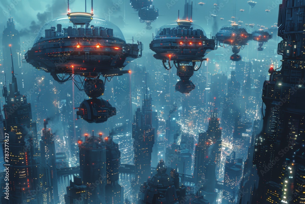 Poster depiction of robotic guardians hovering over network of computers, futuristic cityscape bathed in tw
