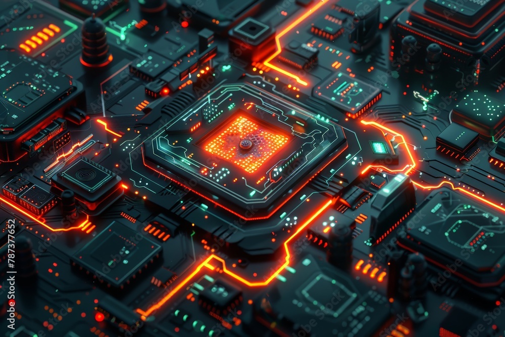Poster intricate circuitry spans across, glowing in vibrant red hues, signifying energy and technological a