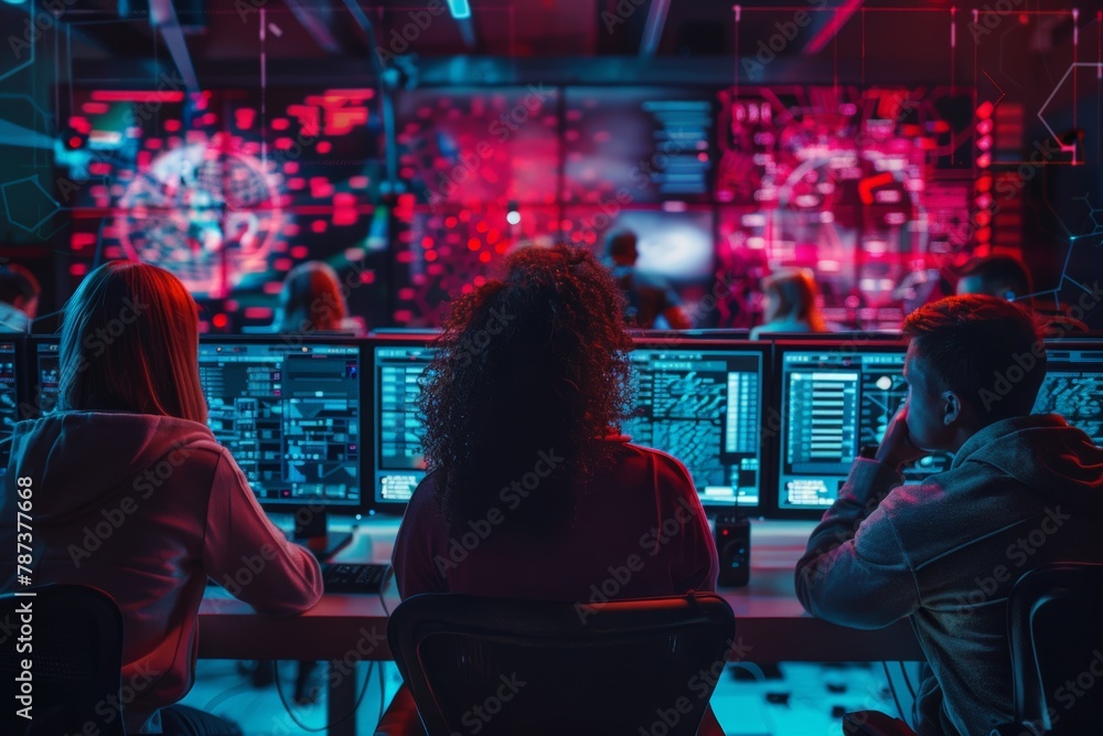 Poster cybersecurity professionals monitoring screens with real-time data on network threats, diverse group