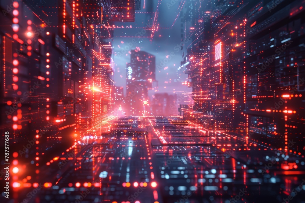 Poster network of computers receiving real-time protection from an invisible cybersecurity shield, red-hued