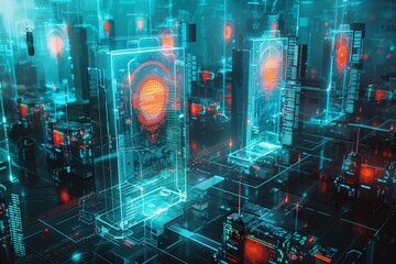Network of computers being scanned and protected by a translucent cybersecurity shield, Holographic city structures rise amidst a networked grid, digital interfaces and red data points,