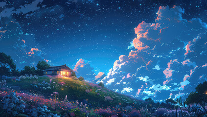 A beautiful house on a hillside, surrounded by colorful clouds and a starry sky. Created with Ai