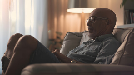 Senior biracial man relaxing at home with copy space he exudes comfort and ease in a welllit living space : Generative AI - Powered by Adobe
