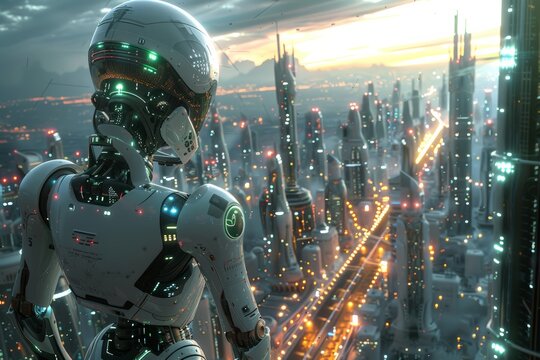 Depiction of robotic guardians hovering over a network of computers, Glimmering city at dusk as backdrop, humanoid robot with reflective head gazes pensively, traffic streaks painting urban arteries