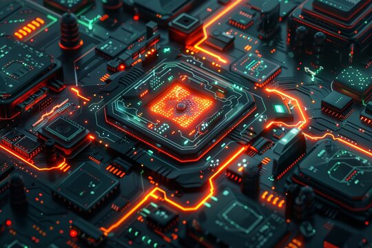 Intricate circuitry spans across, glowing in vibrant red hues, signifying energy and technological advancement. Central microchip pulsates with power, surrounded by array of soldered connections 