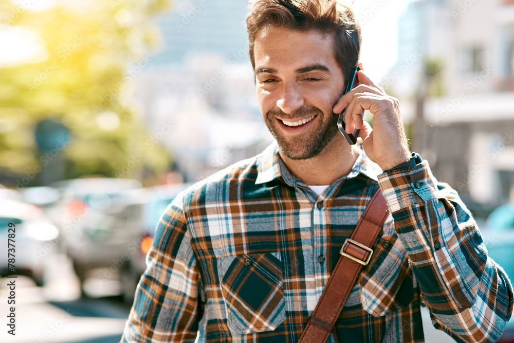 Poster man, thinking and phone call with travel in city for work with communication, conversation and outdo