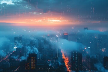 A high-rise view of the city with visible layers of PM 2.5 pollution, Dawn's light touches a cloud-covered cityscape, a main artery glowing red with traffic, conveying early morning urban life. - obrazy, fototapety, plakaty