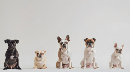 Composite image of funny cute dogs different breeds posing isolated over white studio background Concept of fashion pets love animal life Look happy delighted Copy space for ad flyer : Generative AI