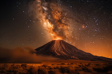 Cosmic Spectacle, Volcano and Milky Way in Stunning Night Sky - obrazy, fototapety, plakaty