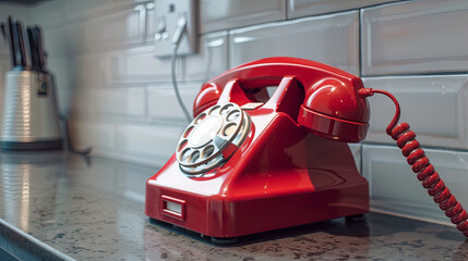 Retro red rotary phone on modern kitchen countertop - obrazy, fototapety, plakaty