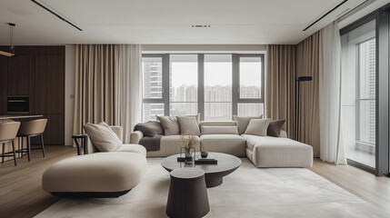 Modern living room with panoramic city view and neutral tones