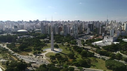 Aerial view of Ibirapuera Park - Parque Ibirapuera, Sao Paulo, Brazil. Landmark avenue and buildings of city. Ibirapuera lake. This image is perfect for projects related to events, travel and tourism.