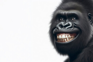 Portrait of a wild gorilla smiling with big teeth on a white background copy space