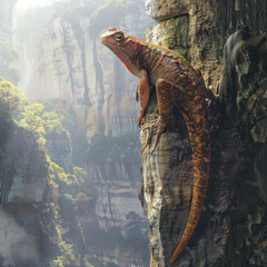 An adventurer yunnan lake newt in human form standing at the edge of a cliff - obrazy, fototapety, plakaty
