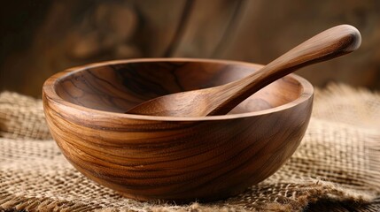 Handcrafted wooden bowl and spoon on rustic background
