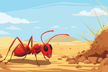 Cartoon ants colony and ant hill. red color ant in the ant hill. Cartoon ants colony and ant hill