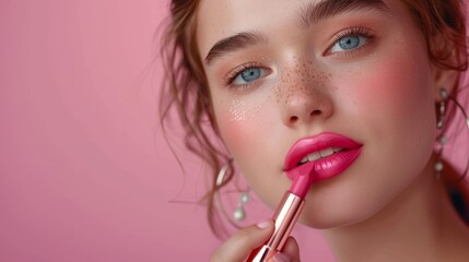 Portrait of a beautiful young woman model applying pink lip colors to her cute pout lips with a luxury pink lipstick isolated on pink background