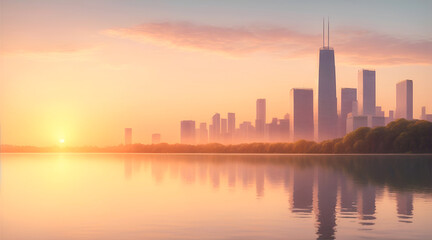 Fototapeta premium City with skyscrapers on the lakeshore during sunset