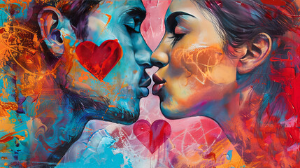 Fototapeta premium Abstract colorful couple kissing with painted hearts backdrop