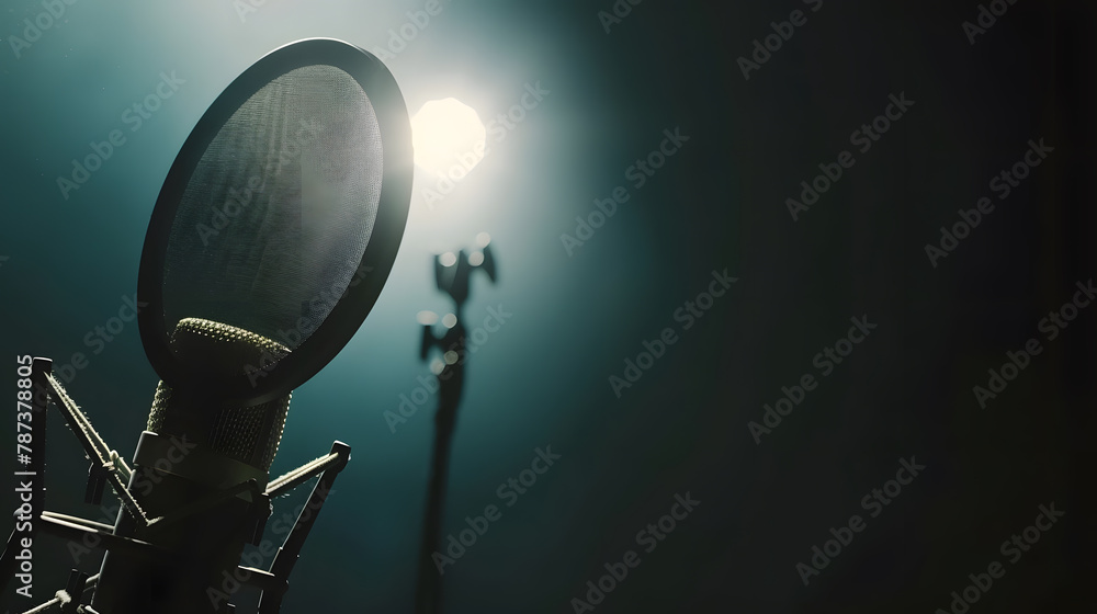 Poster Professional microphone with pop shield on the stand Recording studio with black noise cancelling wall : Generative AI