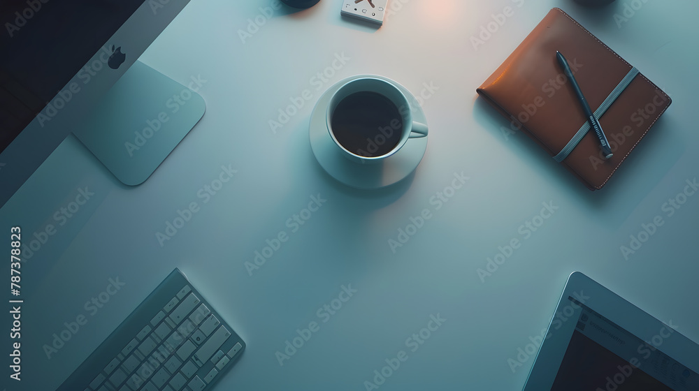 Aufkleber Office leather desk table with computer supplies and coffee cup Top view with copy space : Generative AI