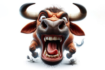 funny face of a surprised angry bull shot at a wide angle isolated on a white background