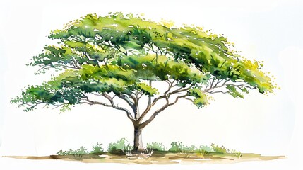 Acacia tree depicted in watercolor, side view on white, for architecture and garden designs