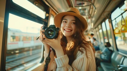 Young girl tourists travelling smile and use camera take a photo travel photography on the train