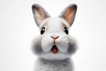 funny face of a surprised bunny shot at a wide angle isolated on a white background